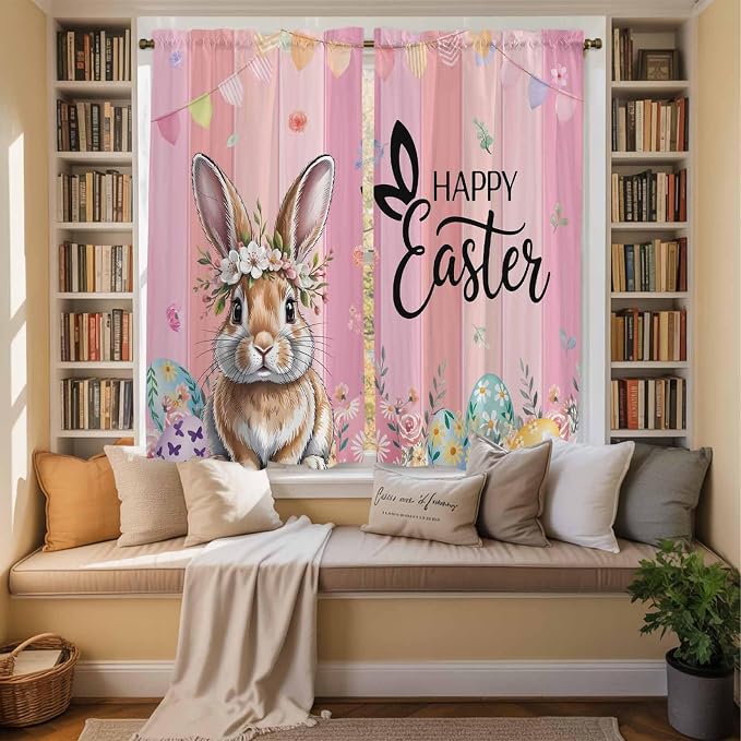 Easter Kitchen Curtains, Spring Rabbit Eggs Flowers Flags Leaves Wood Grain - Image 3