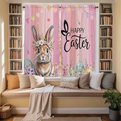 Easter Kitchen Curtains, Spring Rabbit Eggs Flowers Flags Leaves Wood Grain - Image 3