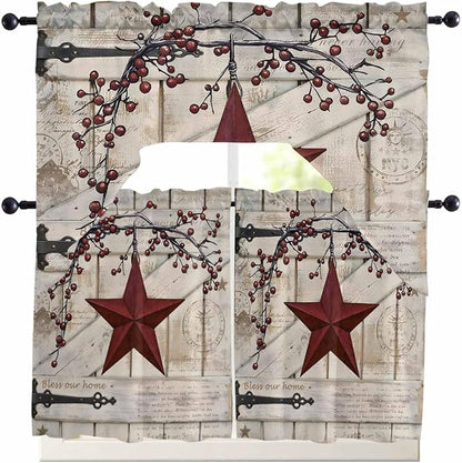 Village Stars Swag Kitchen Curtains Valance and Tier Set, Vintage Dark Red Star by Unknown