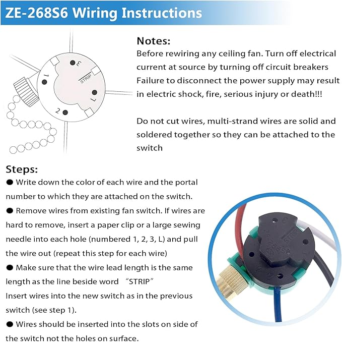 Zing Ear ZE-268S6 3 Speed Ceiling Fan Switch, Pull Chain Cord Switch, Compatible with Hunter Ceiling Fans, Appliances, Replacement Speed Control (Brass Pull Chain)