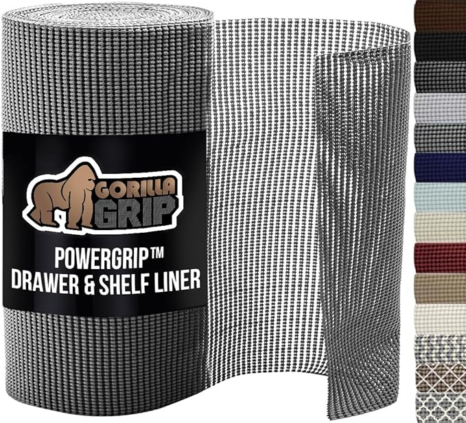GORILLA GRIP powerGRIP Drawer Shelf and Cabinet Liner, Thick Strong Hold, Non-Adhesive Liners Protect Kitchen Cabinets and Cupboard, Bathroom Drawers, Easy Install, Breathable Mat, 17.5" x20', Gray