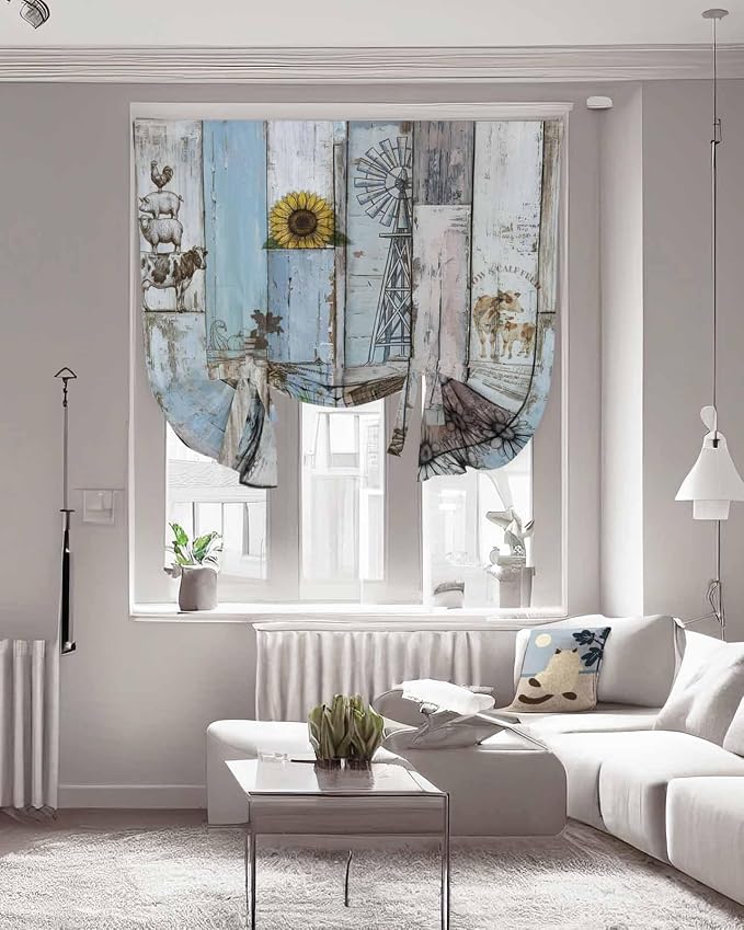 Tie Up Curtains for Windows, Farmhouse Barn Sunflowers Retro Thermal Insulated - Image 3