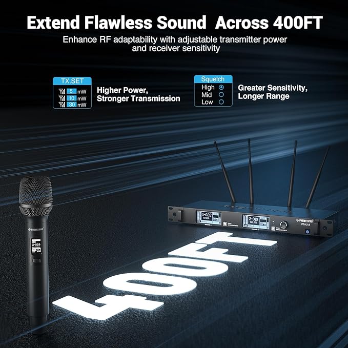 Phenyx Pro Dual-Channel Wireless Microphone System, Dynamic Mics w/ID Lock, Tunable Power Level, Auto Scan, Spectrum Analyzer, True Diversity Cordless Handheld for Singing, DJ, Karaoke (PTAU-2)