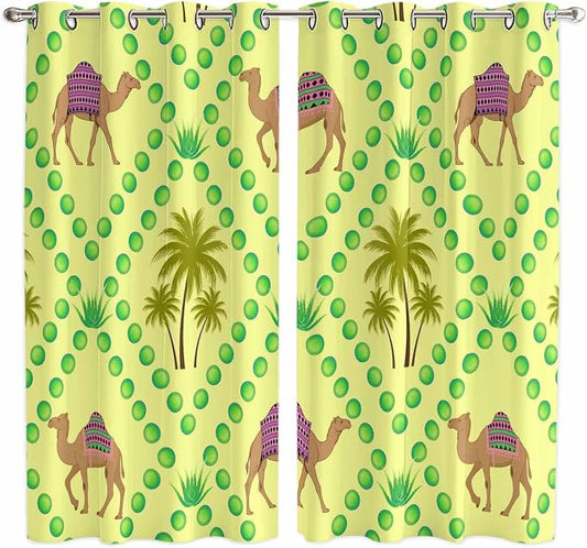 2 Panel Kitchen Cafe Curtains, Desert Sand Camels Sunlight Filtering Nature Air by Hokiten