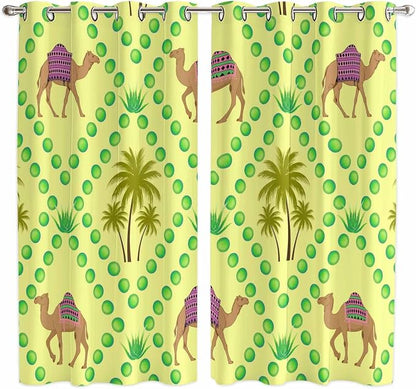 2 Panel Kitchen Cafe Curtains, Desert Sand Camels Sunlight Filtering Nature Air by Hokiten