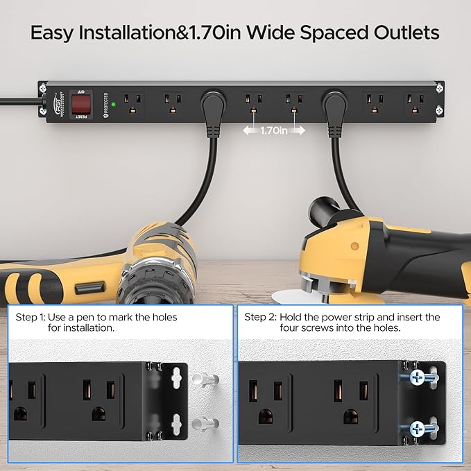 CRST 8 Outlet Metal Heavy Duty Power Strip, 2100J Surge Protector, 6FT Cord Mountable Wide Spaced Industrial Power Strip,15A/1875W