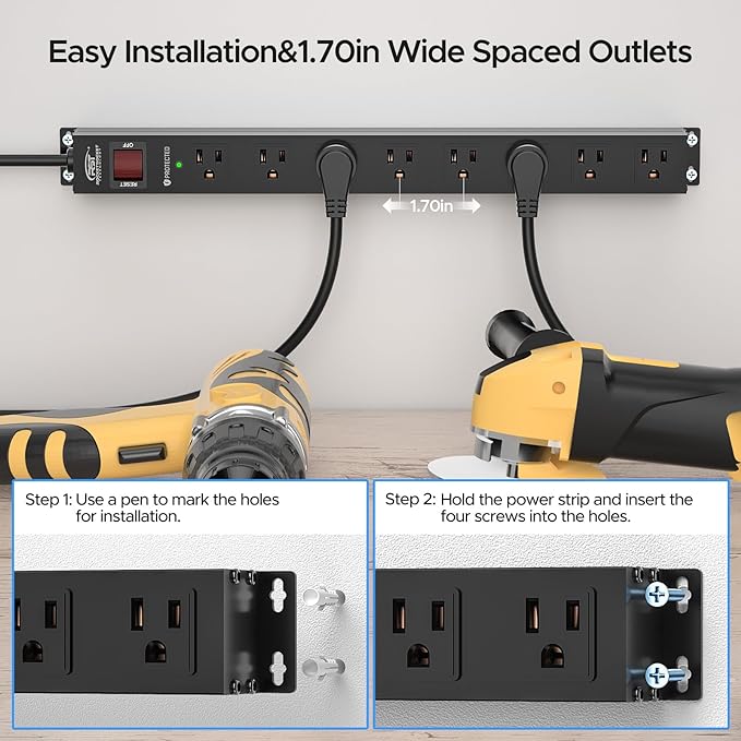 CRST 2 Pack 8 Outlet Metal Heavy Duty Power Strip with Switch, 2100J Surge Protector, Mountable Wide Spaced Power Strip, 6 FT 14AWG, 15A/1875W