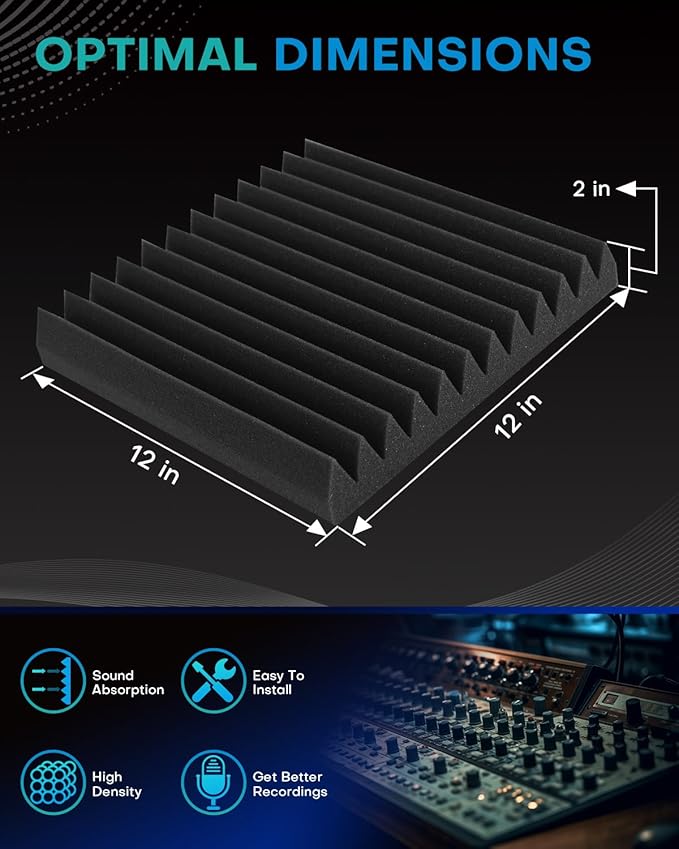 18 Pack Sound Proof Foam Panels for Walls, 2 X 12 X 12 Inches Acoustic Foam Panels, High Density Acoustic Panels Sound Absorbing, Noise Cancelling Studio Wedges, Black (NOT INCLUDE ADHESIVE)