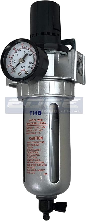 IN-LINE COMPRESSED AIR FILTER REGULATOR COMBO PIGGYBACK, POLY BOWL AND METAL by THB