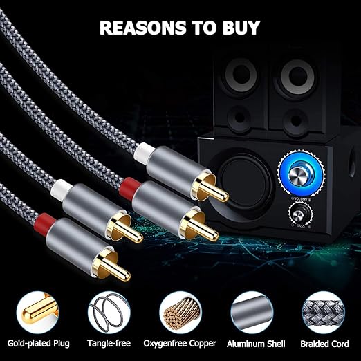 Goalfish RCA Cable, 6FT RCA Audio Cable [Shielded, Nylon Braided] Stereo 2RCA to 2RCA Male to Male Cord for Speaker, Subwoofer, Home Theater, HDTV, Amplifiers, Hi-Fi Systems, Car Audio-Grey