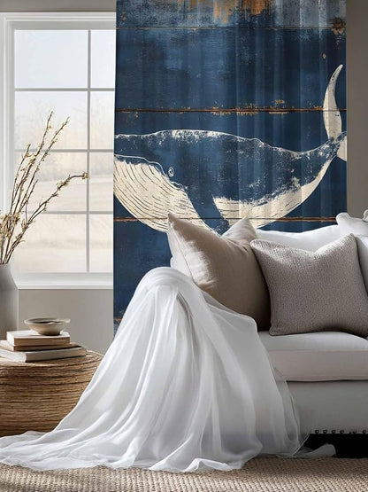 Sheer Curtains 63 Inch Length, Summer Whale Blue Semi Sheer Curtains Light - Image 4