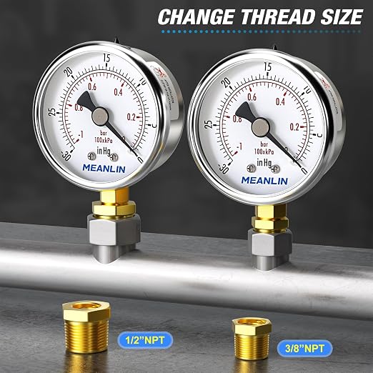 MEANLIN MEASURE -30inHG~0Psi Vacuum Gauge Stainless Steel 1/4" NPT 2" FACE DIAL - Image 3