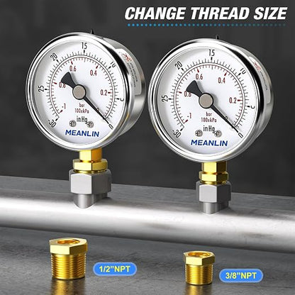 MEANLIN MEASURE -30inHG~0Psi Vacuum Gauge Stainless Steel 1/4" NPT 2" FACE DIAL - Image 3