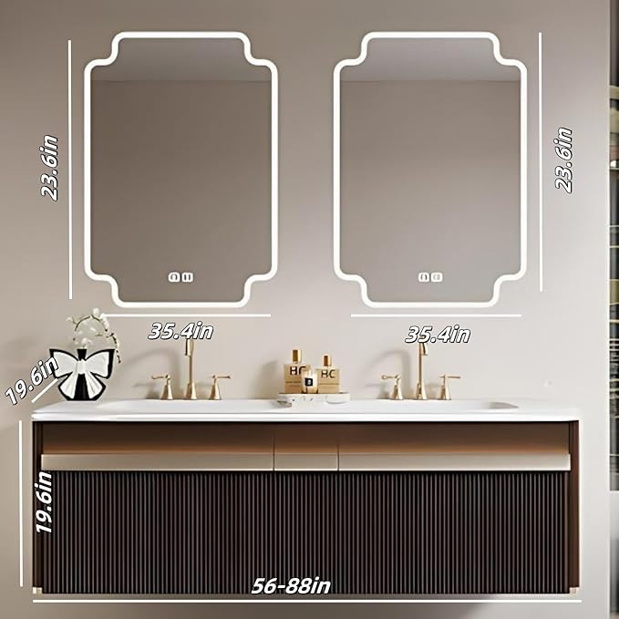Bathroom Vanity with Double Sink - Bathroom Cabinet Vanity Including Grille Shaped Panel | Bathroom Vanity Double Sink, Soft Light LED Lights & Smart Defogging Mirror (Mirror, 56IN)