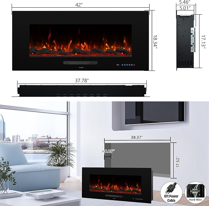 42" Electric Fireplace Inserts, Recessed & Wall Mounted Fireplace Heater Colorful Flame &Fuel, Remote Control Setting Dimer, Thermostat &Timer, Plug in &Hard-Wire Option, 750W/1500W, Black