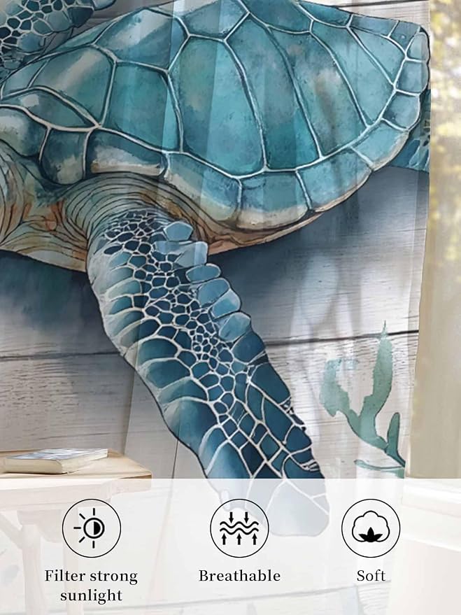 Sheer Curtains 45 Inch Length, Teal Green Sea Turtle Semi Sheer Curtains Light - Image 6