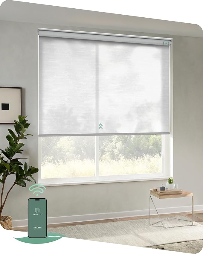 Yoolax Motorized Blinds App Control, Light Filtering Motorized Shades for Windows, Cordless Automatic Roller Shades for Bedroom Living Room Office(Light Filtering Jacquard White, 46" W x 72" H)