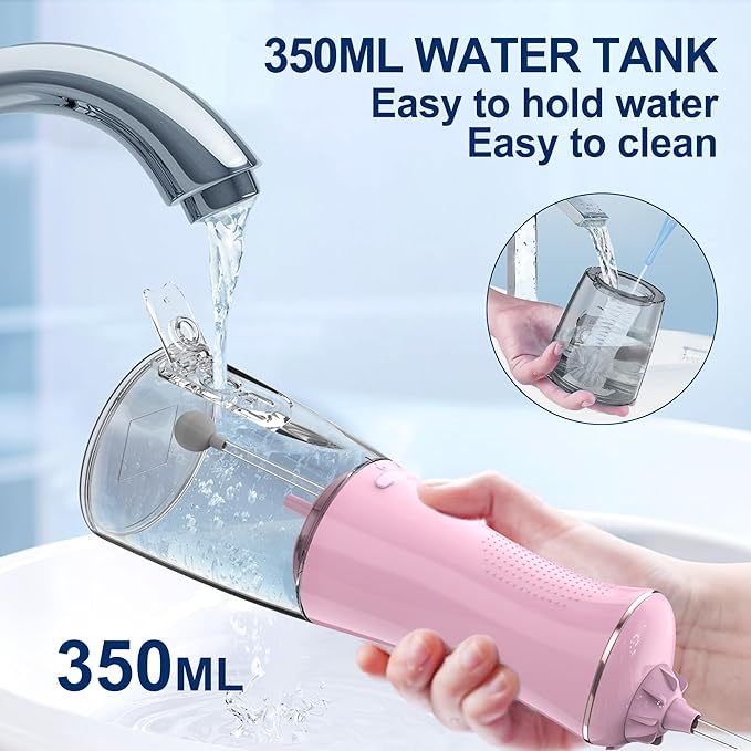 MOCEL Water Dental Flosser for Teeth - 350ML Large Tank 5 Modes & 6 Tips Cordless, Oral Irrigator Waterproof, Portable Teeth Cleaning and Flossing with Effective Plaque Remover for Adults (Pink)