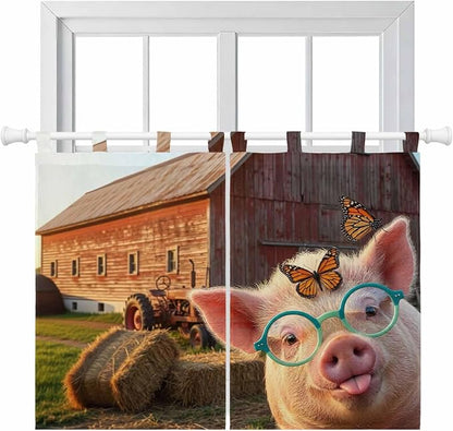 Farm Pig Kitchen Curtains 45 Inch Length, Short Cafe Window Curtains Tab Top by Unknown