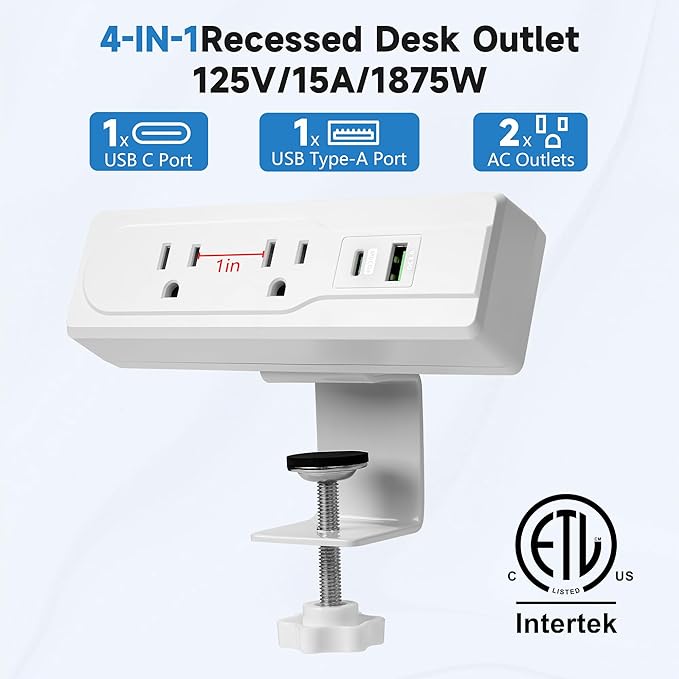 Desk Clamp Power Strip with 15Feet Extension Cord,45 Degree 3-Prong Thin Flat Plug, 2 Widely Spaced AC Outlets,2 USB Port (20W PD USB-C & 18W QC3.0 USB-A) Desk Edge Mount Power Strip,16AWG, ETL Listed