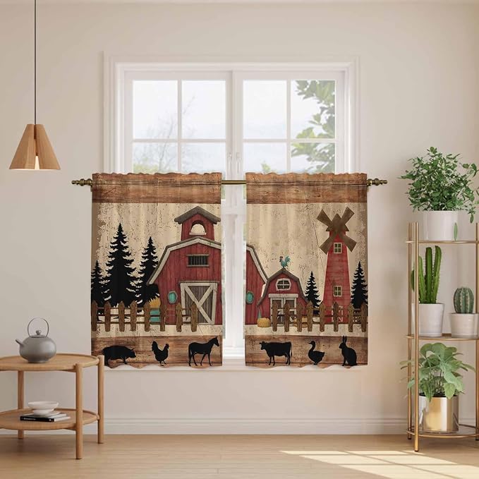 Brown Farmhouse Tier Curtains, Vintage Country Animals Wooden Grain Light - Image 3
