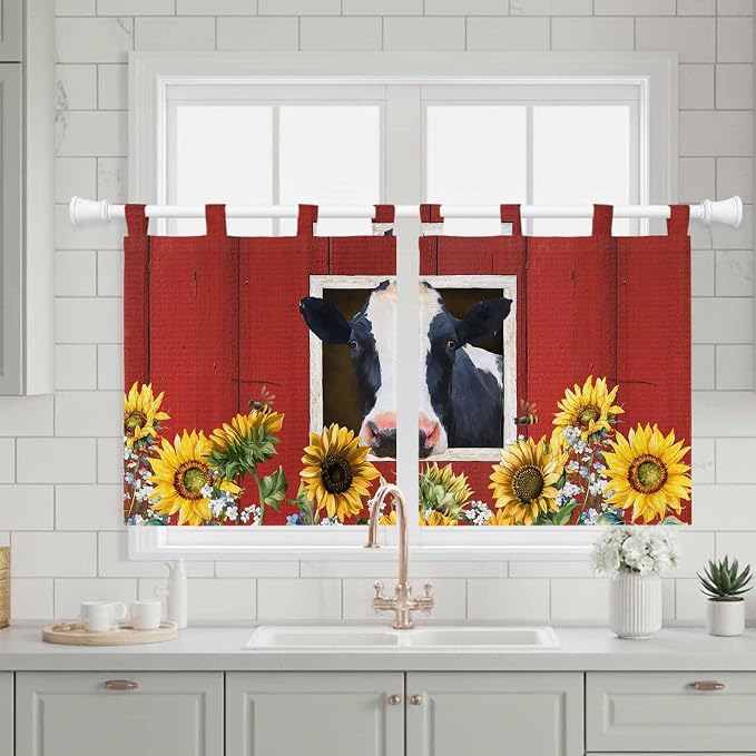 Cow Sunflowers Kitchen Curtains 24 Inch Length, Small Window Curtains Tab Top - Image 3
