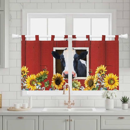 Cow Sunflowers Kitchen Curtains 24 Inch Length, Small Window Curtains Tab Top - Image 3