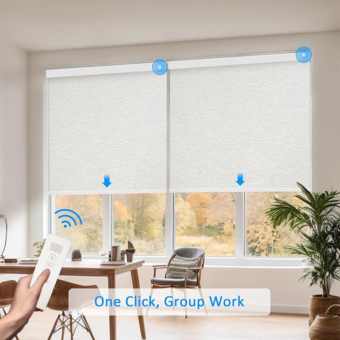COOLWINDS Motorized Blinds with Remote Cordless Automatic Motorized Shades Custom Blinds for Windows Smart Curtains Compatible with Alexa Google Home(Blackout Jacquard Beige,W33 x H72in)
