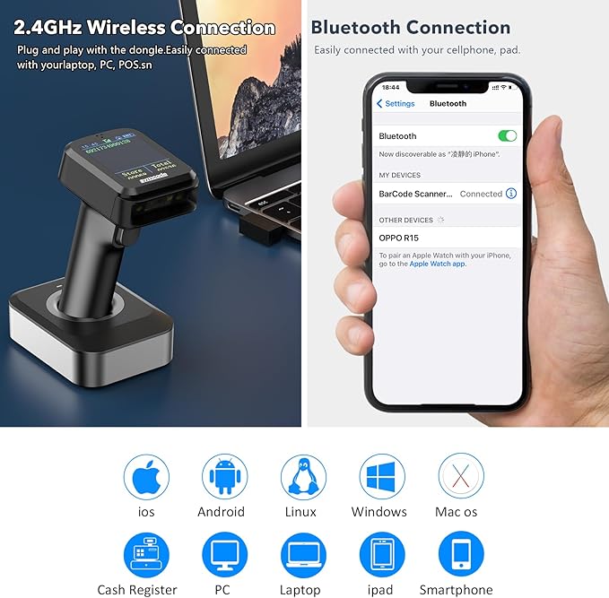 Symcode Pro 1D 2D QR Wireless Barcode Scanner with Display Screen Battery Level Indicator Time Display Works with Bluetooth with Charging Cradle Base for Warehouse Supermarket Library