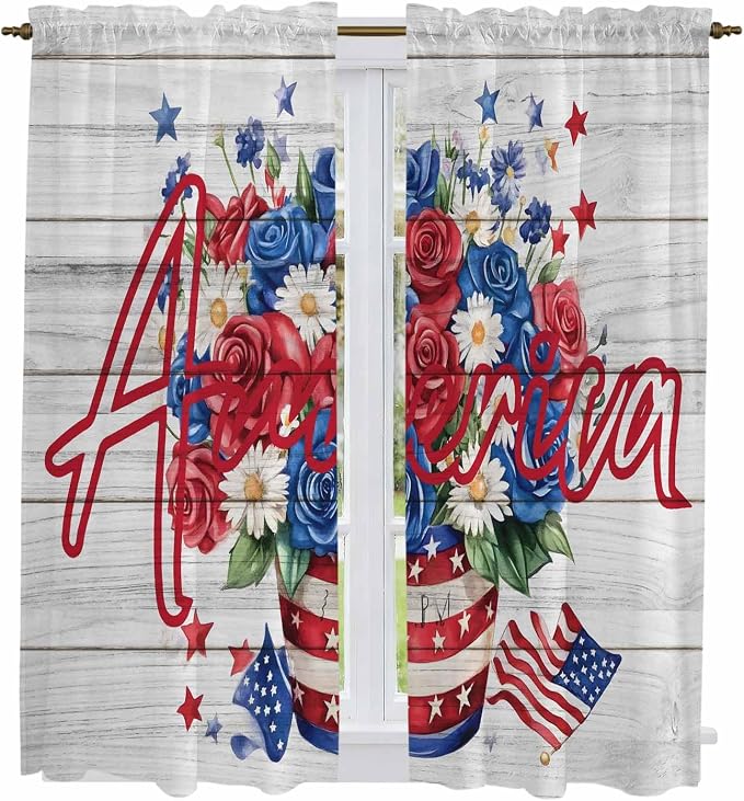 Independence Day Window Curtains 63 Inch Long 2 Panel Set, Rod Pocket Bedroom - Image 2