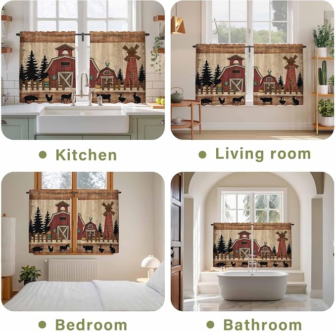 Brown Farmhouse Tier Curtains, Vintage Country Animals Wooden Grain Light - Image 8