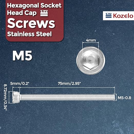 Kozelo 10pcs Socket Head Cap Screws - [M5-0.8 x 75mm] 304 Stainless Steel Allen Socket Drive for Electrical Motor 3D Printing Fan Engine Replacement Use, Silver