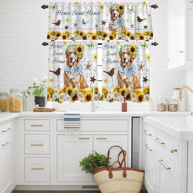 Kitchen Curtains Tiers and Valance Set of 3, Sunflowers Dog Light Filtering - Image 3