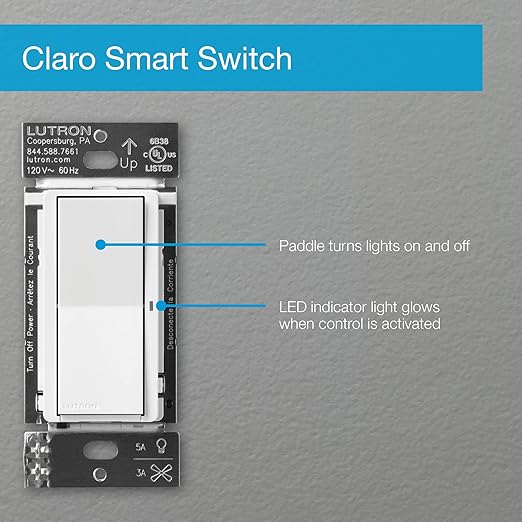 Lutron Claro Smart Light Switch for Caseta Lighting, for LED Lights, Fans, 5 Amp, Single-Pole/3-Way, Neutral Required, DVRF-5NS-IV, Ivory
