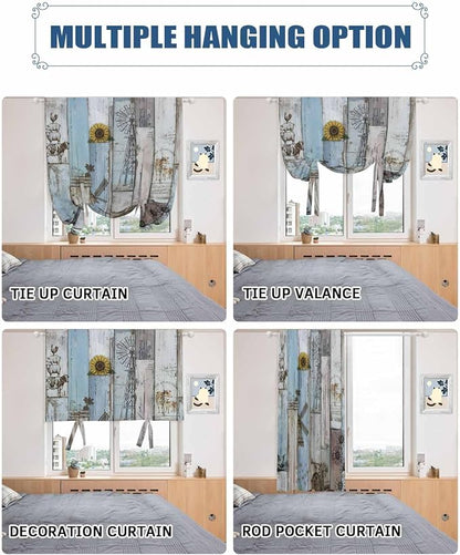 Tie Up Curtains for Windows, Farmhouse Barn Sunflowers Retro Decorative Tie Up - Image 5