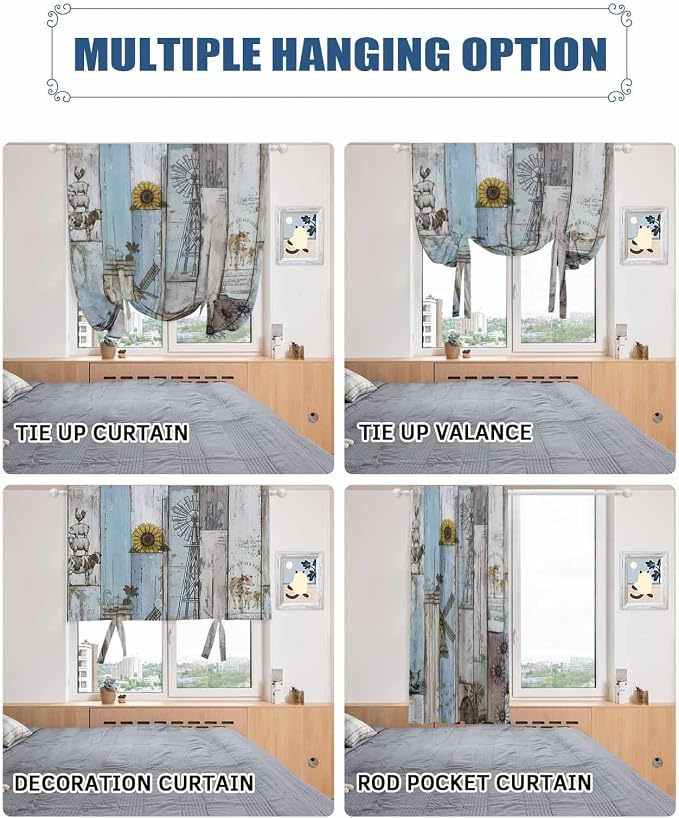 Tie Up Curtains for Windows, Farmhouse Barn Sunflowers Retro Privacy Curtains - Image 5