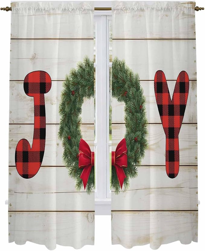 Christmas Wreaths Window Curtains 72 Inch Long 2 Panel Set, Rod Pocket Long - Image 2
