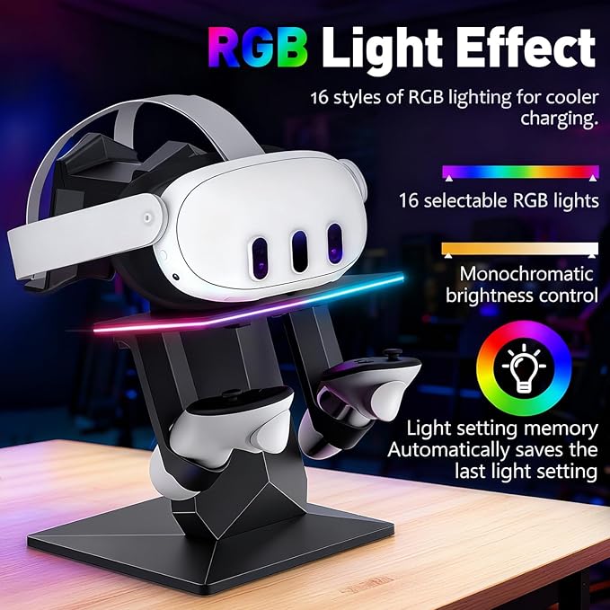 Charging Dock for Meta Quest 3S, Quest 3, 2 or Pro，RGB Charging Vertical Stand，Accessories with Brightness Adjustment and 14 Light Effects Adjustment, Type-C Charging Port