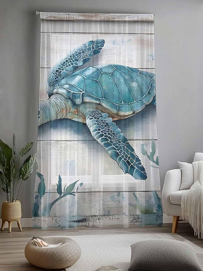 Sheer Curtains 108 Inches Long, Teal Green Sea Turtle Semi Sheer Curtains Light - Image 2