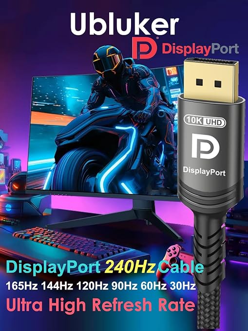 Ubluker 10K 8K DisplayPort 2.1 Cable 54Gbps 13 FT, Certified DP to DP Cord 4K 240Hz 165Hz 144Hz 120Hz 10K 8K 120Hz Nylon Braided UHBR HDCP2.3 FreeSync G-Sync RTX5090 Gaming Monitor PC Projector