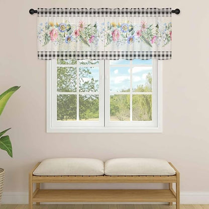 Blue Pink Floral Sheer Valance Curtains, Spring Summer Botanical Linen Black - Image 4