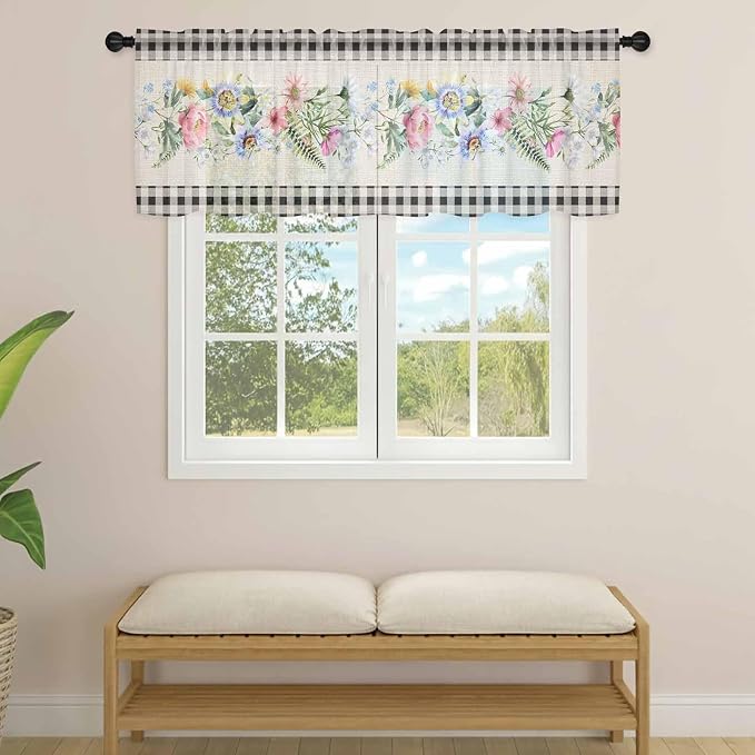 Blue Pink Floral Sheer Valance Curtains, Spring Summer Botanical Linen Black - Image 4