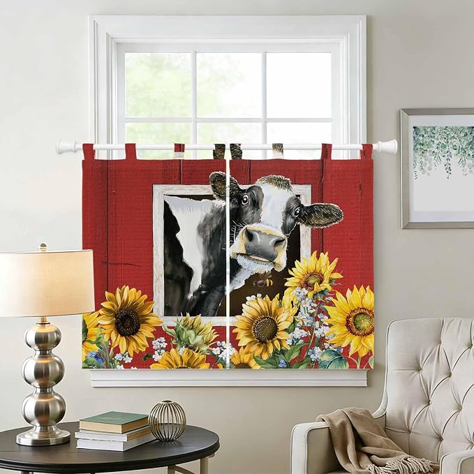 Cows Sunflowers Kitchen Curtains 45 Inch Length, Short Cafe Window Curtains Tab - Image 2