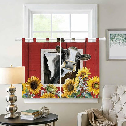 Cows Sunflowers Bedroom Curtains 63 Inch Length, Window Curtains Tab Top - Image 2