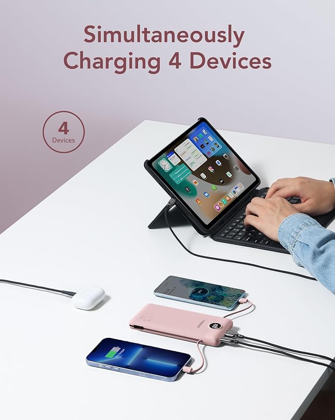 VEGER Portable Charger with Built-in AC Plug and Cables, All in One 10000mAh Ultra Slim Power Bank Travel Essentials, 15W Fast Charging Battery Pack Compatible with iPhone, Samsung, Android (Crepe)