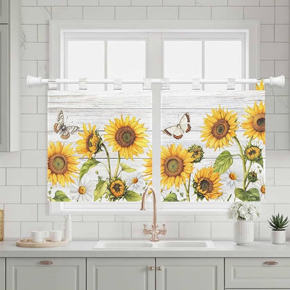 Yellow Sunflowers Kitchen Curtains 24 Inch Length, Small Window Curtains Tab Top - Image 3