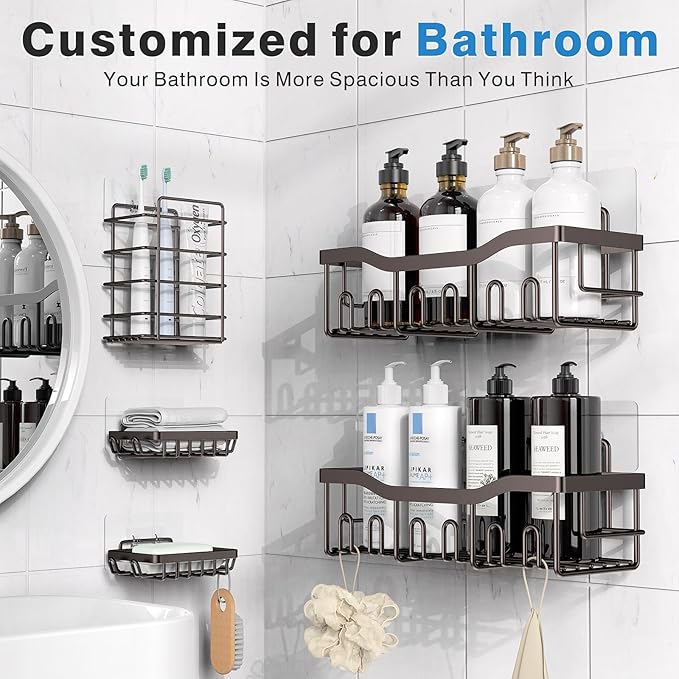 EUDELE 5-Pack Rustproof Stainless Steel Shower Caddy – No Drill Adhesive Bathroom Organizer with Large Capacity, Spacious Shower Shelves for Inside Shower, Kitchen & Home Decor Storage-XL Size