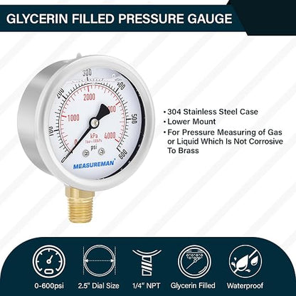 MEASUREMAN 2-1/2inch Dial Size, Oil Filled Pressure Gauge, 0-600psi/4000kpa - Image 2