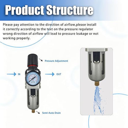 HengMinLingTong 3/8" NPT Compressed Air Filter Regulator Combo Piggyback - Image 3