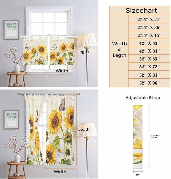 Farm Sunflowers Bathroom Curtains 63 Inch Length, Window Curtains Tab Top - Image 8